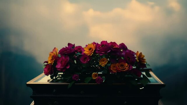 Rack focus video shifts from a cluster of vivid flowers on the altar to a mysterious coffin, with a cascade of candles