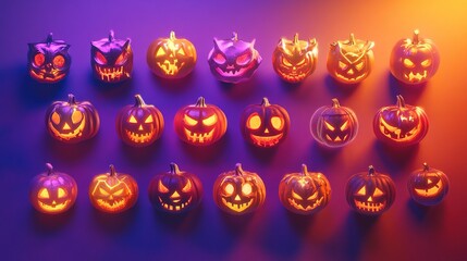 An array of Halloween pumpkins, featuring detailed carved designs that are both spooky and cute, set against a charming purple and orange gradient background.