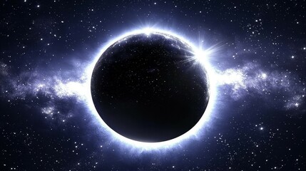 Obraz premium Captivating Dark Sphere Surrounded by Luminous Halo in Stunning Cosmic Setting, Featuring Stars and Nebulae A Profound Display of Astronomical Grandeur and Mystery in Outer Space