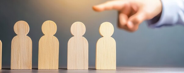 Choosing a Candidate Hand Pointing at Wooden Person Figurine from a Row