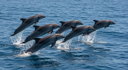 Fototapeta premium Dolphins Jumping in Ocean Water Spectacular Marine Display