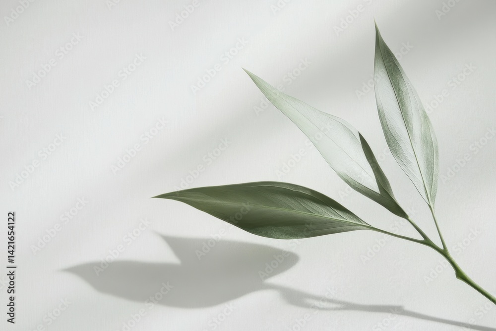 Poster Unique green leaves casting soft shadows on a light background creating a serene and tranquil atmosphere in a natural setting
