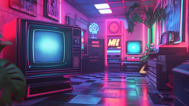 Explore vibrant vintage MTV graphics in a stunning animated neon style that captures the essence of retro pop culture.