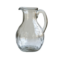 Clear glass pitcher with handle for serving water juice and beverages on transparent background