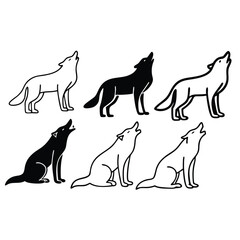 Mystical wolf silhouette designs in nature scenes with spiritual, emotional and tribal elements vector illustration
