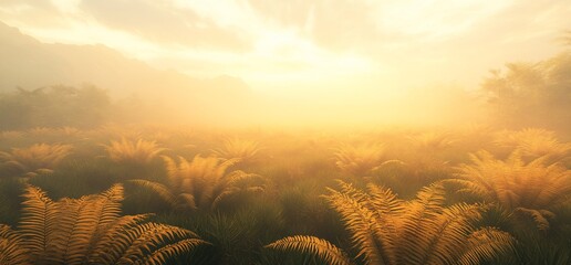 Golden Ferns in Misty Valley: Tranquil Landscape with Soft Light and Lush Foliage