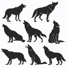 Mystical wolf silhouette designs in nature scenes with spiritual, emotional and tribal elements vector illustration
