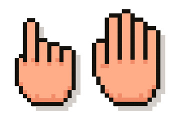 8 bit computer mouse cursor pointer hand. Pixel pointers hands mouse cursor.