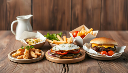 Different tasty food from delivery service on wooden background, craft clay. White tone