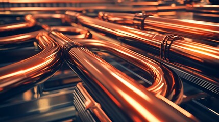 Close-up shot of a complex network of shiny copper pipes and connections