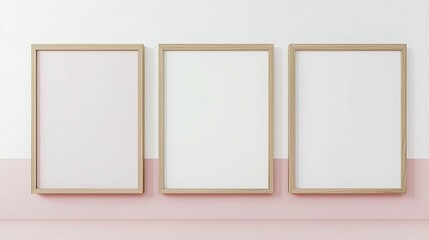 Fototapeta premium Realistic 3D Render of Two Wooden Picture Frames Hanging on a Pink and White Wall - Frame Mockup