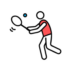 Cartoon tennis player hitting ball with racket in flat design