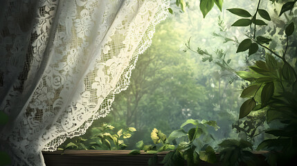 Delicate lace curtain hanging from a wooden beam amidst lush greenery, verdant, lace. Radiant Lace. Illustration