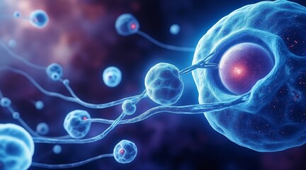 Obraz premium IVF and Embryo concept, Microscopic view of cells interacting in a colorful environment.