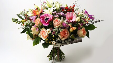 A luxurious bouquet of fresh flowers in full bloom isolated on a white background showcasing a mix of roses lilies and wildflowers with elegant wrapping
