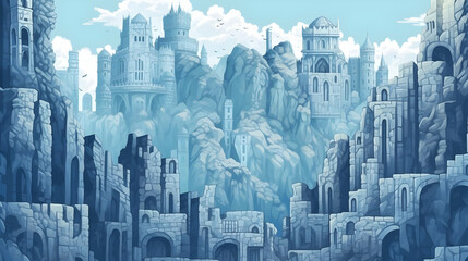 Blue and Grey Stone Ruins City on Mountains Fantasy Landscape