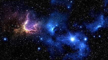 Fototapeta premium Stunning Panoramic View of a Starry Night Sky Featuring a Bright Radiating Star Surrounded by Ethereal Blue Nebulae, Golden and Purple Cosmic Clouds Against a Deep Dark Background