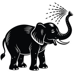 Fototapeta premium Black and White Elephant Illustration: Cute Cartoon Elephant Spraying Water with Trunk, Animal Clipart, Vector Graphic, Wildlife Art