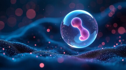 IVF and Embryo concept, Embryo in a bubble surrounded by sparkling particles against a dark background.