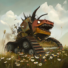 Steampunk-inspired mechanical dinosaur with a tank body and sharp horns
