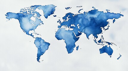 Stylized Watercolor World Map with Shades of Blue, Depicting Landmasses and Islands on a Light-Colored Background, Abstract Artistic Representation, Ethereal and Dreamlike Quality