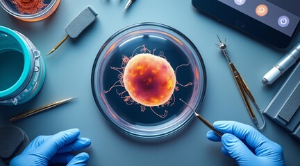 IVF and Embryo concept, Medical tools surround a petri dish with a vibrant cellular structure being examined.
