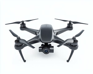 Sleek black drone with a camera, isolated against a clean white background, showcasing its modern design and aerial photography capabilities for various applications