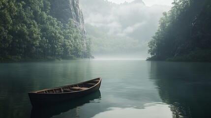 Fototapeta premium Serene Wooden Rowboat on Misty Mountain Lake Tranquil Nature Scene Peaceful Solitude Calm Water Scenic View Picturesque Landscape Breathtaking Scenery