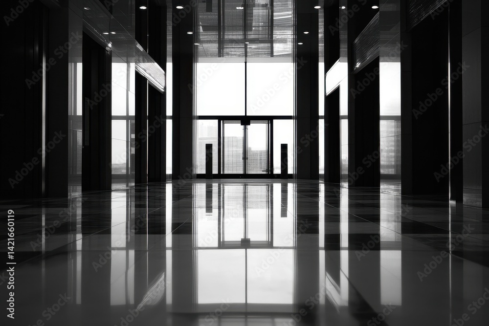 Poster modern interior of a bright lobby with tall windows showcasing minimalist seating and abstract art d