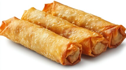 Crispy golden spring rolls.  Three delicious, lightly browned spring rolls, nestled together, offer a taste of Asian cuisine.  The golden-brown exterior showcases a delightful crunch