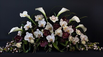 Obraz premium A luxurious floral arrangement with orchids and calla lilies isolated for a studio like effect