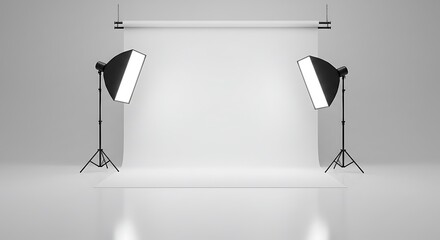 Sunny light photo studio with white backdrop, glossy floor and copyspace for your logo or text. 3D rendering, mock up
