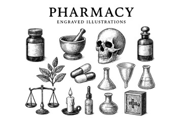 Artful display of vintage pharmacy illustrations featuring medical tools and symbols from a bygone era
