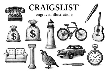 Engraved illustrations showcasing a variety of classic items such as vintage cars, bicycles, and musical instruments in a creative arrangement