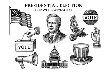 Engraved illustrations capturing the spirit of democracy during the presidential election period with symbols of activism and civic duty