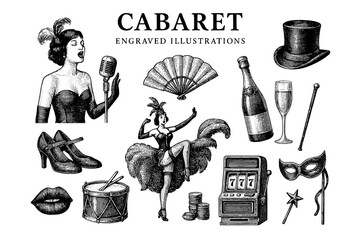 Vintage cabaret illustration showcasing entertainment elements from an elegant soirée with performers and accessories