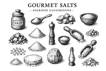 Engraved illustrations showcasing a variety of gourmet salts in elegant presentation with unique textures and forms