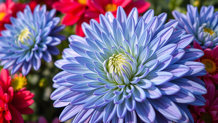 Blue-green chrysanthemum flower close-up. Macro shot. Summer and spring multi-color floral background. Generative AI
