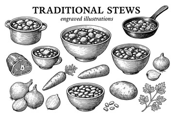 Exploring the art of traditional stews with engraved illustrations of classic ingredients and cooking methods from diverse cultures