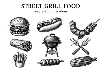 Delightful street grill food illustrations showcasing mouth-watering burgers, hot dogs, and more on a vintage style canvas