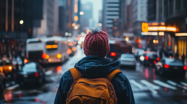 Person sitting alone amidst a bustling city street illuminated by neon lights during a rainy evening in an urban environment