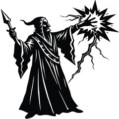 Wizard Casting Spell Illustration: Black and White Fantasy Art of a Sorcerer with Lightning Magic and Staff, Vector Graphic Image