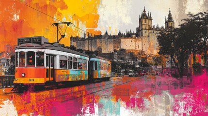 Obraz premium Colorful tram with historical building in artistic rendition