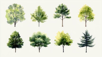 Obraz premium Set of watercolor green trees, feeling fresh and peaceful isolated on crisp white background