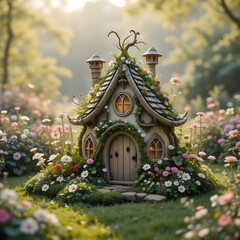 A whimsical, organic, Easter panetton house design blends in perfectly with a lush, vibrant fairy garden with delicate pastel-hued flowers of all shapes and sizes, such as daisies, petunias, and baby'