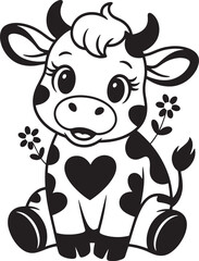 A cute cartoon farm animal, a white cow, happily shares its milk with a pink heart