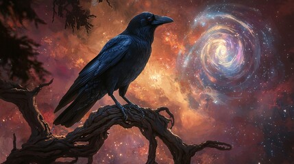 Obraz premium A majestic raven sitting gracefully on a twisted branch surrounded by nature's beauty in a serene and enchanting forest environment