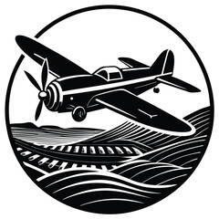 Vintage Airplane Illustration: Black and White Graphic of a Classic Aircraft Flying Over Water and Railroad Tracks in a Circular Design