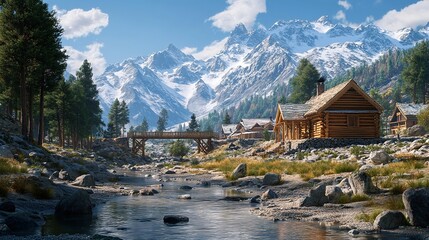 Fototapeta premium Scenic Mountain Village Log Cabins Wooden Bridge River Stunning Landscape Alpine Nature Peaceful Winter Snow Capped Peaks Tranquil Picturesque Serene 