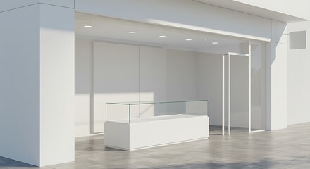 Side view of shop with empty glass showcase. Advertisement and retail concept. Mock up, 3D Rendering